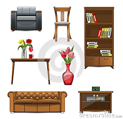 Set of home furniture for interior. Sofa, armchair, bookshelf, chair, table, vase of flowers and nightstand Vector Illustration